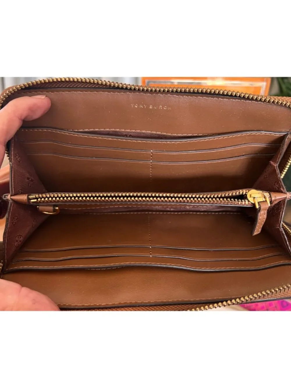 Tory Burch Womens Woven Leather Zip Wallet Multicolor Compact Design Brown Pink